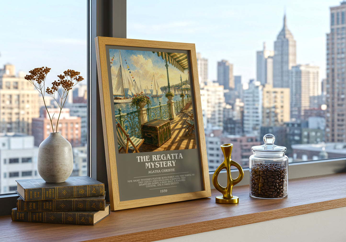 The Regatta Mystery bookish print framed by window – literary home decor