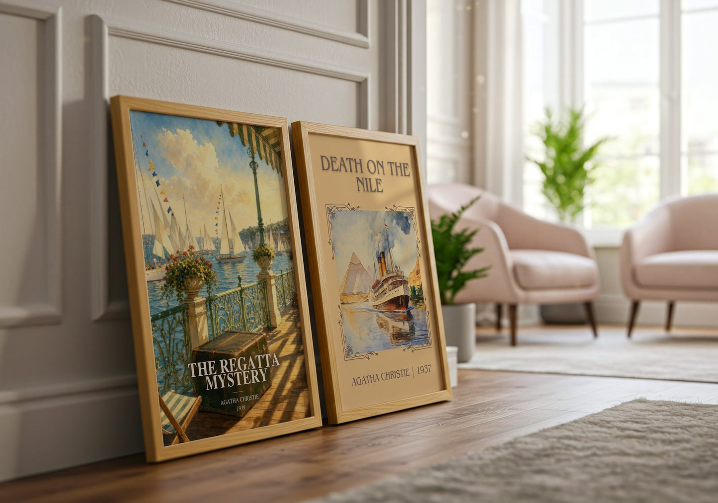 The Regatta Mystery watercolour print framed by window – literary home decor