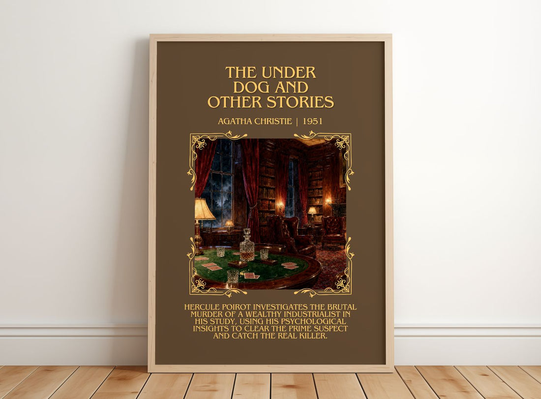 Under Dog And Other Stories Minimalist Book Poster by Agatha Christie – framed print leaning on a wooden floor