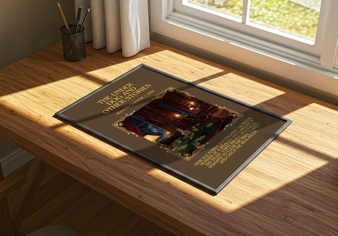 Under Dog And Other Stories Minimalist Book Poster by Agatha Christie – print on a sunlit desk