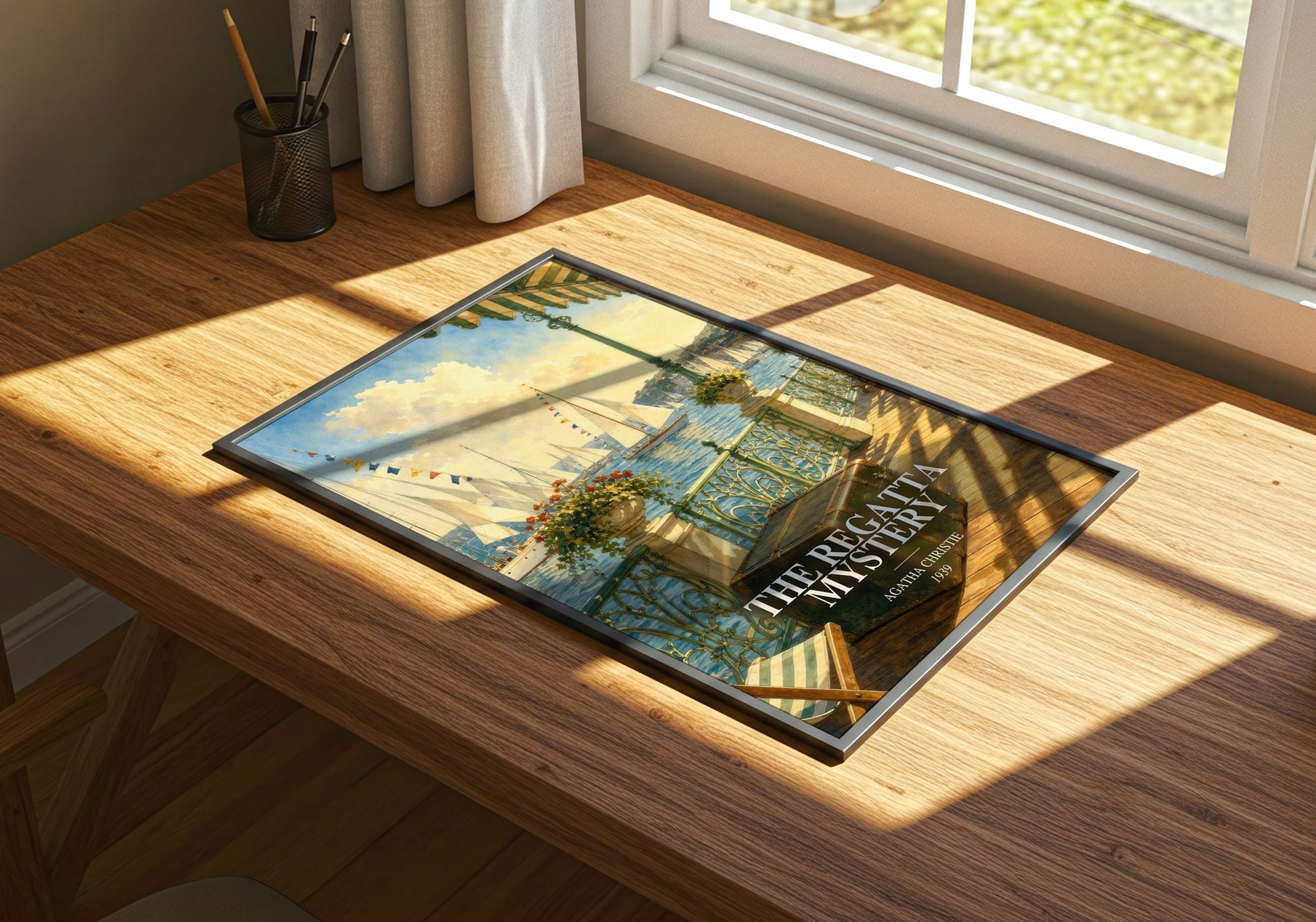 The Regatta Mystery watercolour book poster framed on wall – mystery wall art