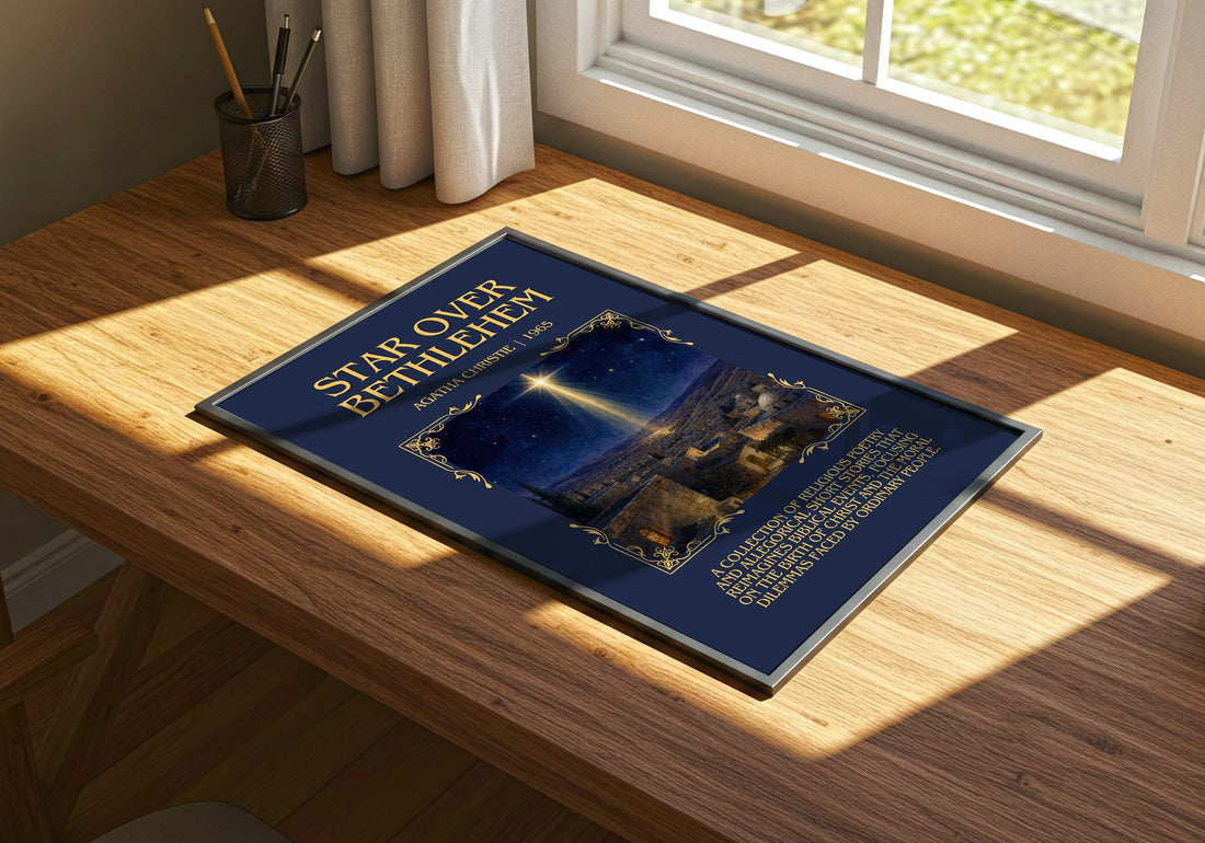 Star Over Bethlehem Minimalist Book Poster by Agatha Christie – print on a sunlit desk