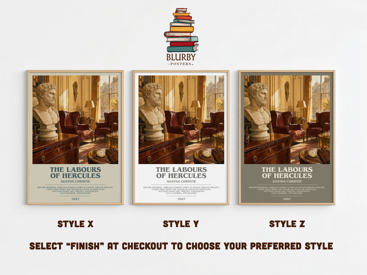 The Labours Of Hercules bookish print in frame leaning in hallway – mystery wall art