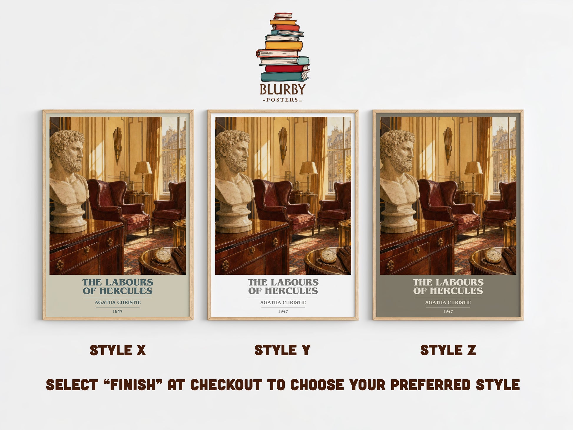 The Labours Of Hercules book cover print in frame leaning in hallway – mystery wall art
