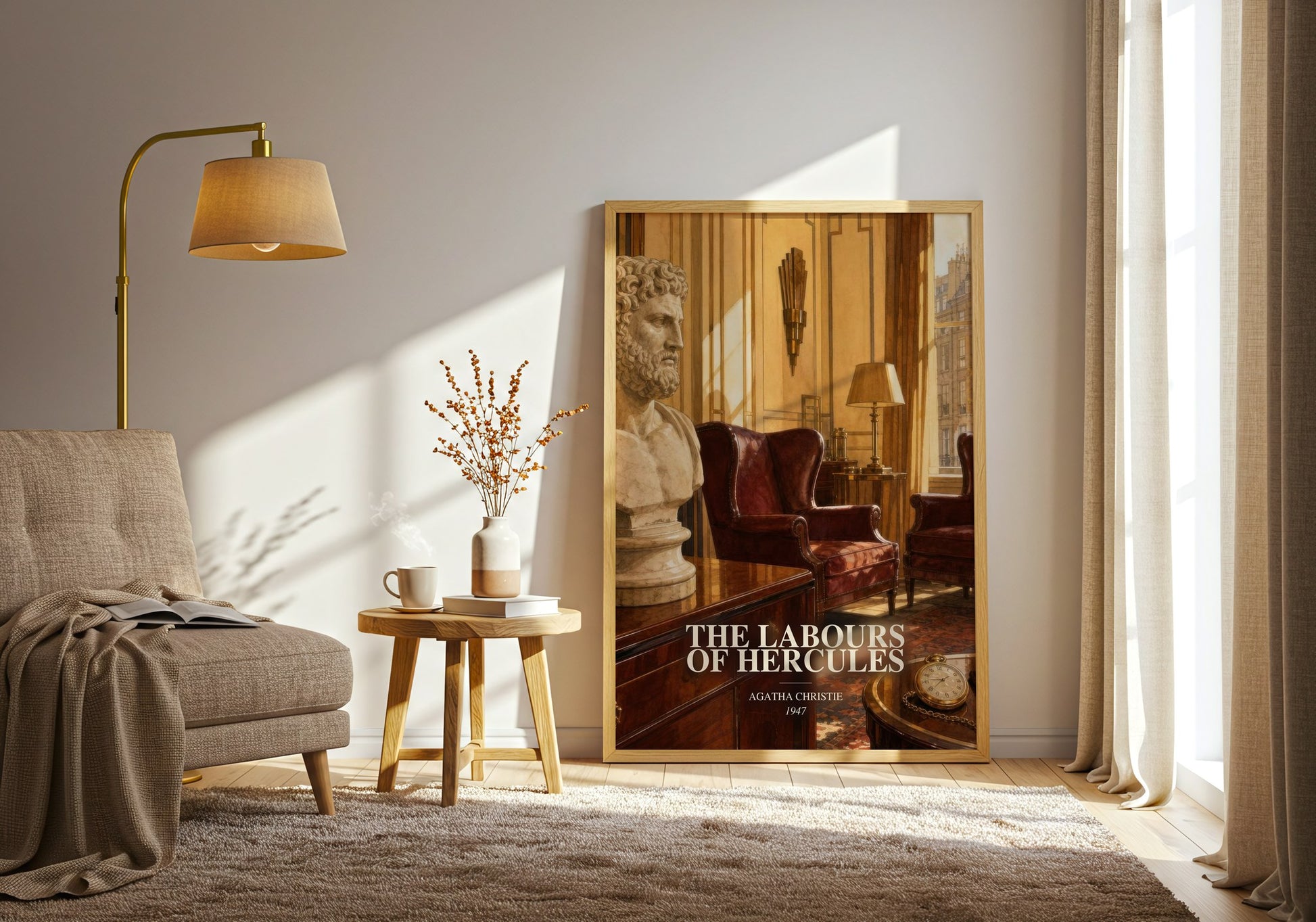 The Labours Of Hercules watercolour print in frame leaning in hallway – mystery wall art