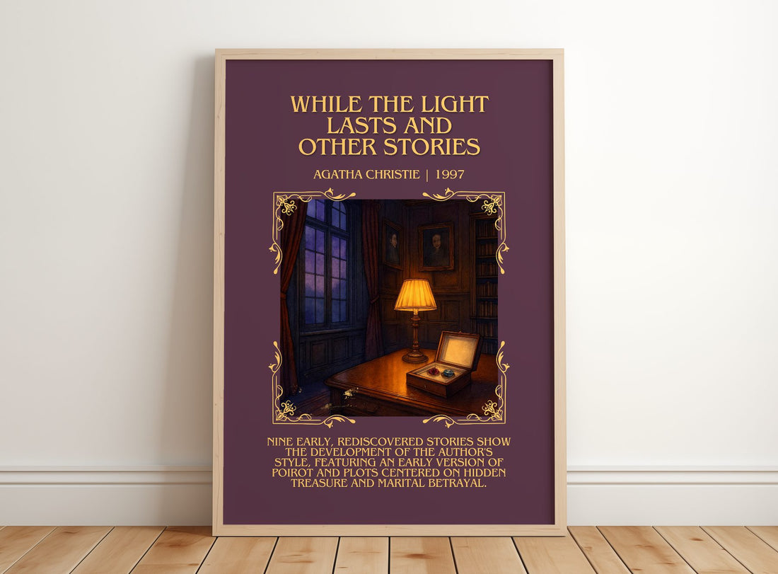While The Light Lasts And Other Stories Minimalist Book Poster – framed print leaning on a wooden floor