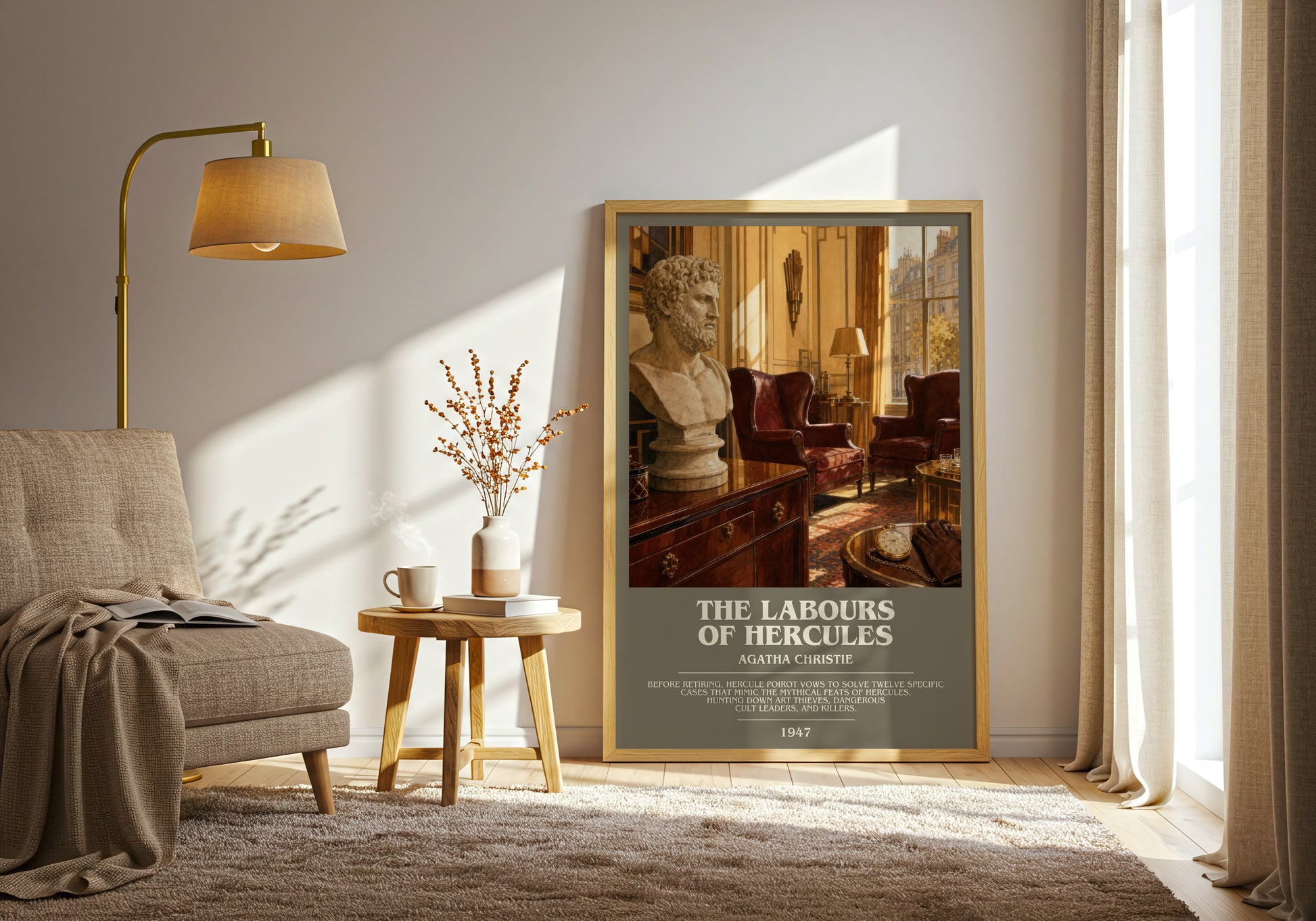 The Labours Of Hercules bookish print on bookshelf – Agatha Christie fan gift