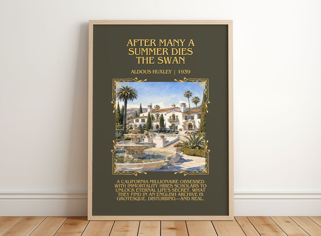After Many A Summer Dies The Swan Minimalist Book Poster by A. Huxley – framed print leaning on a wooden floor