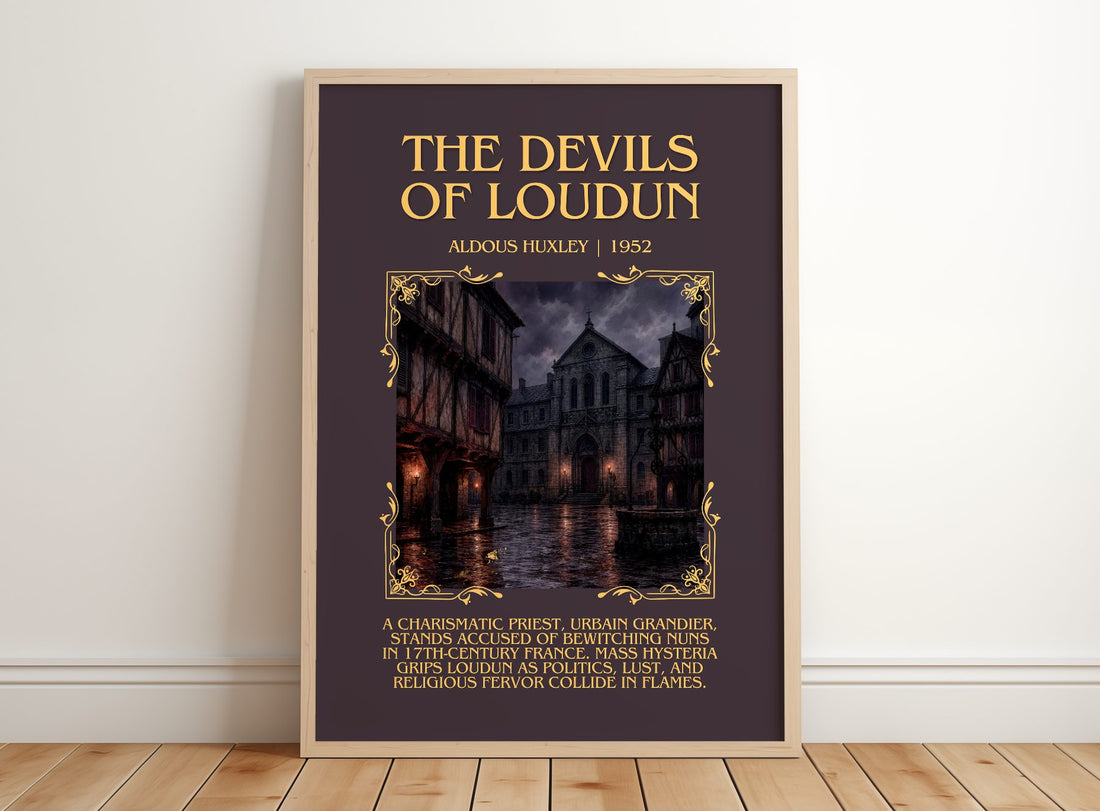 The Devils Of Loudun Minimalist Book Poster by Aldous Huxley – framed print leaning on a wooden floor
