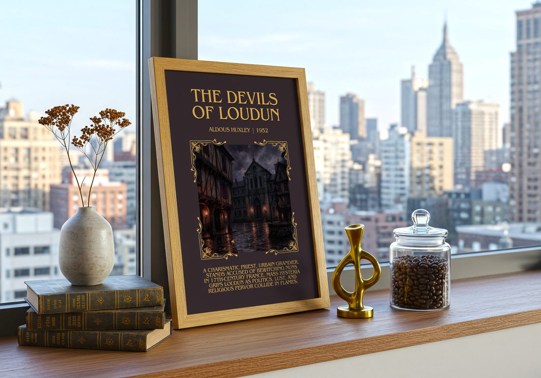 The Devils Of Loudun Minimalist Book Poster by Aldous Huxley – framed print on a city-view windowsill