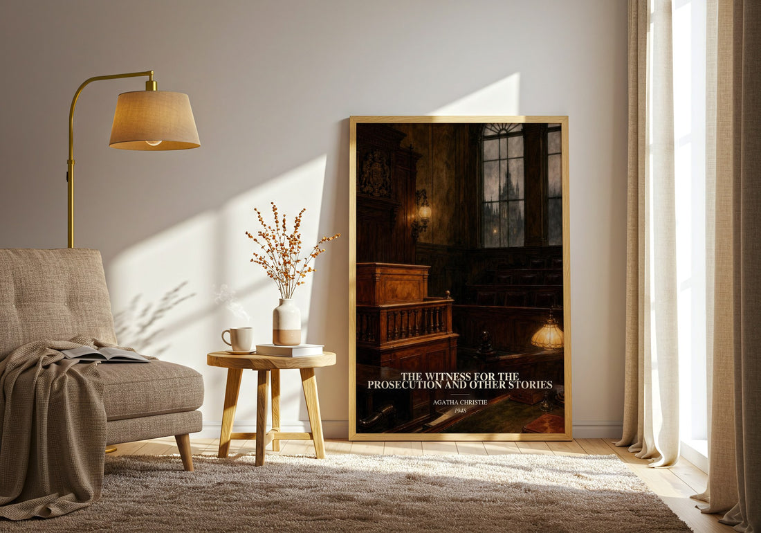 The Witness For The Prosecution And Other Stories watercolour print in frame leaning in hallway – mystery wall art (mockup)