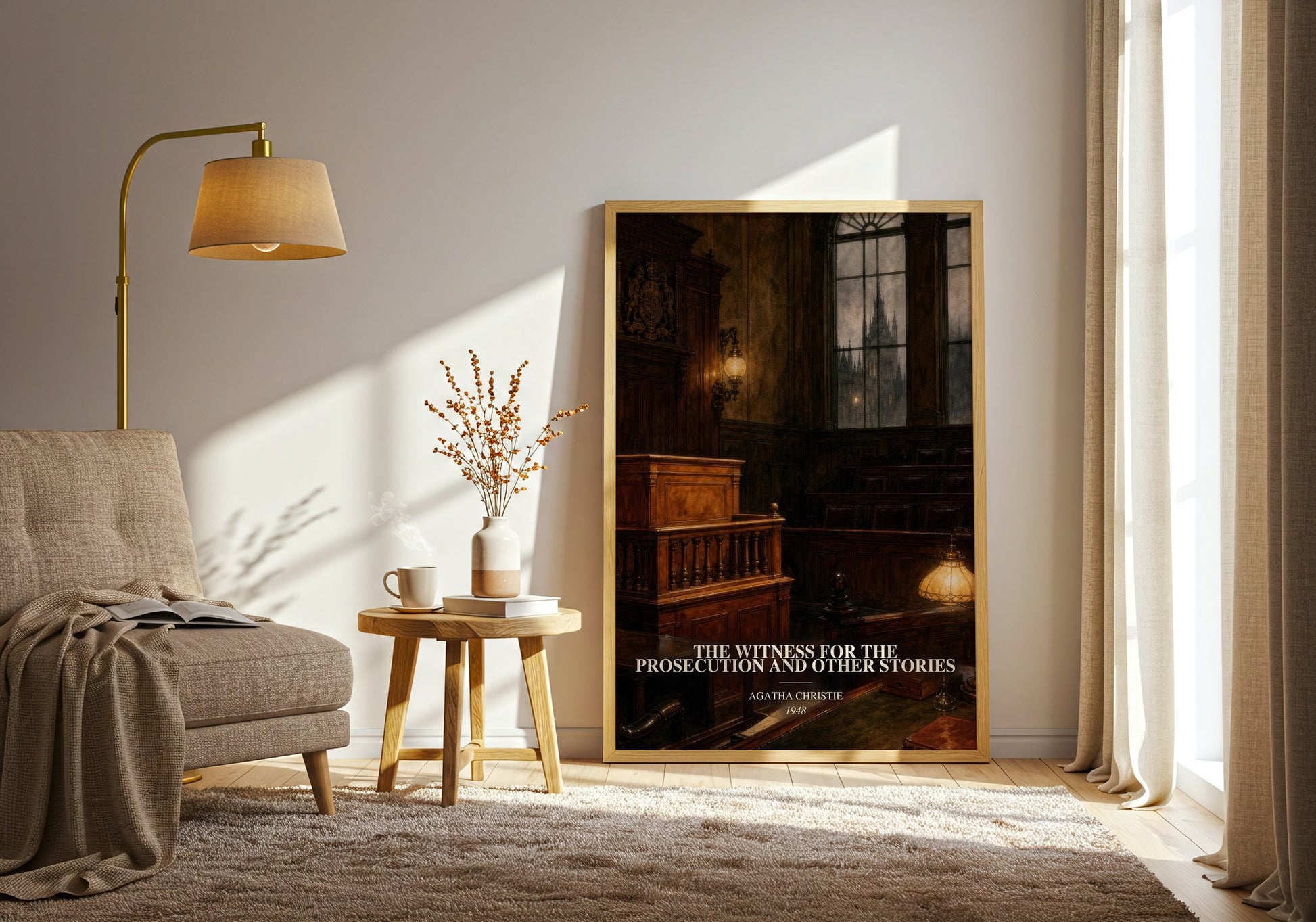 The Witness For The Prosecution And Other Stories watercolour print in frame leaning in hallway – mystery wall art