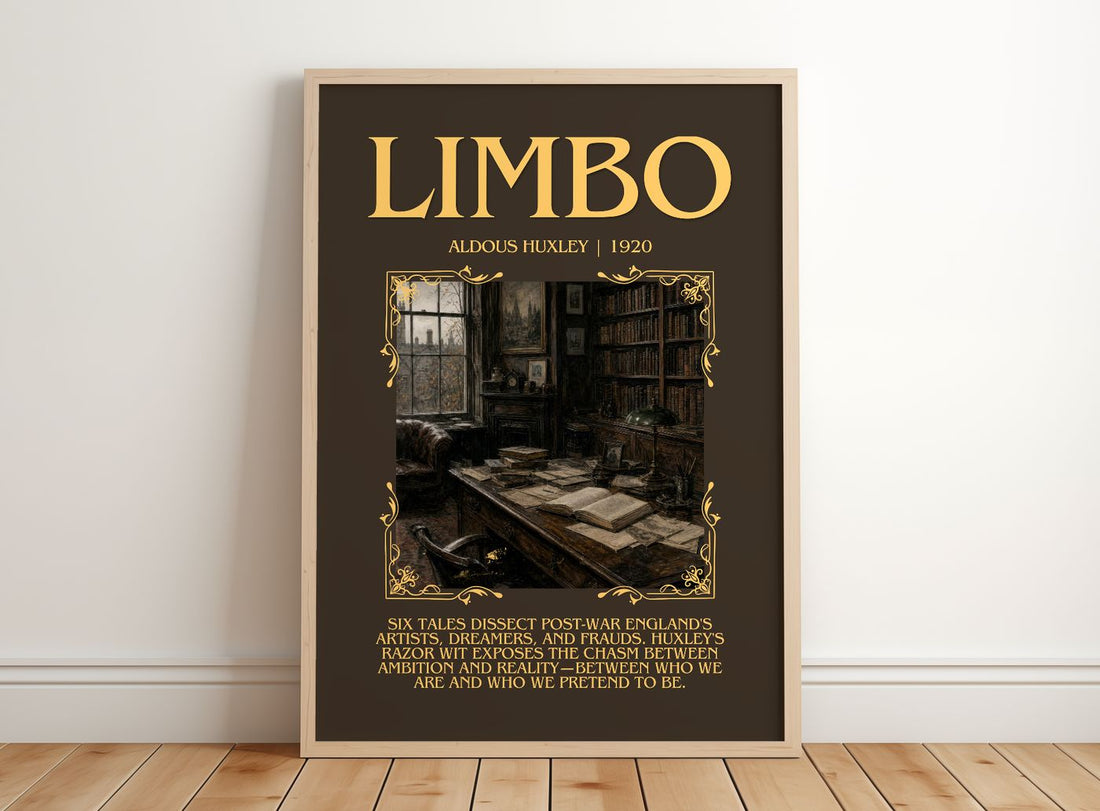 Limbo Minimalist Book Poster by Aldous Huxley – framed print leaning on a wooden floor