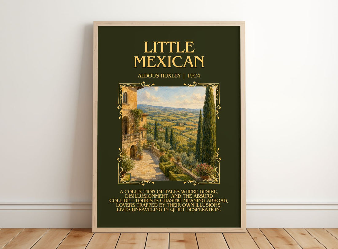 Little Mexican Minimalist Book Poster by Aldous Huxley – framed print leaning on a wooden floor