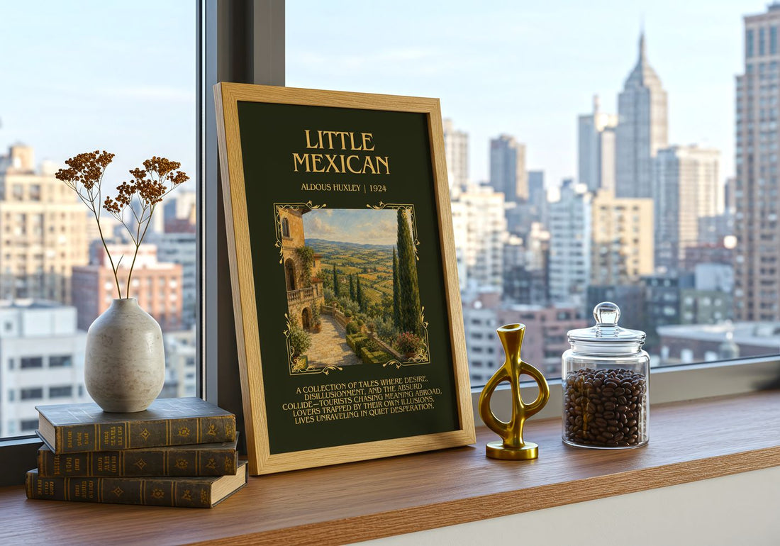 Little Mexican Minimalist Book Poster by Aldous Huxley – framed print on a city-view windowsill