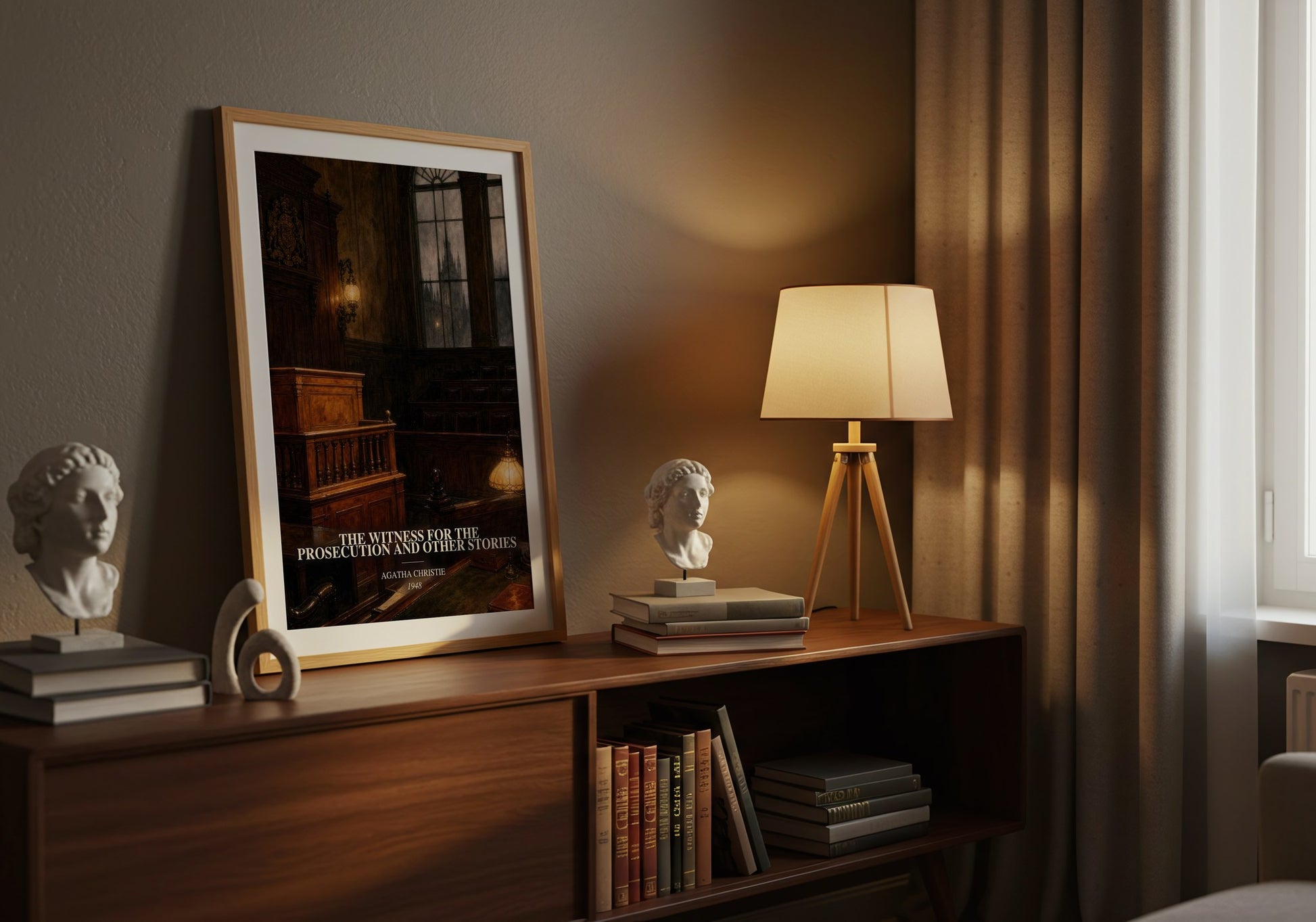 The Witness For The Prosecution And Other Stories watercolour print on bookshelf – Agatha Christie fan gift