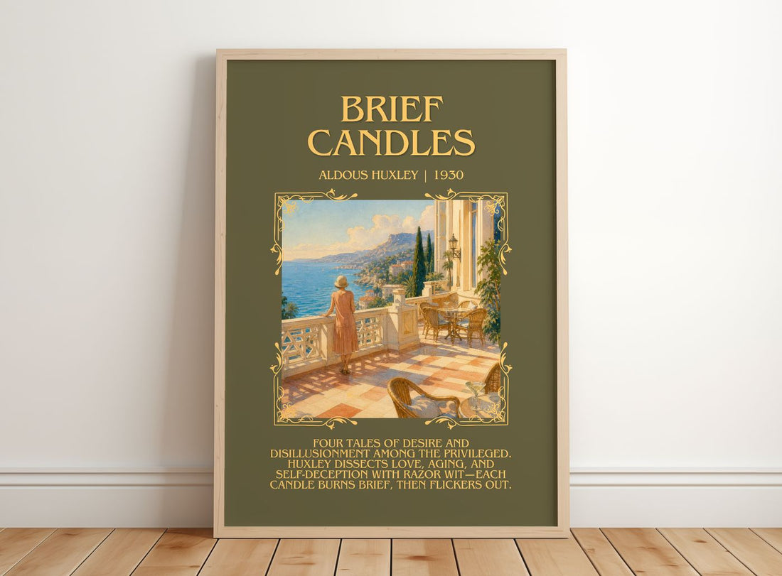 Brief Candles Minimalist Book Poster by Aldous Huxley – framed print leaning on a wooden floor