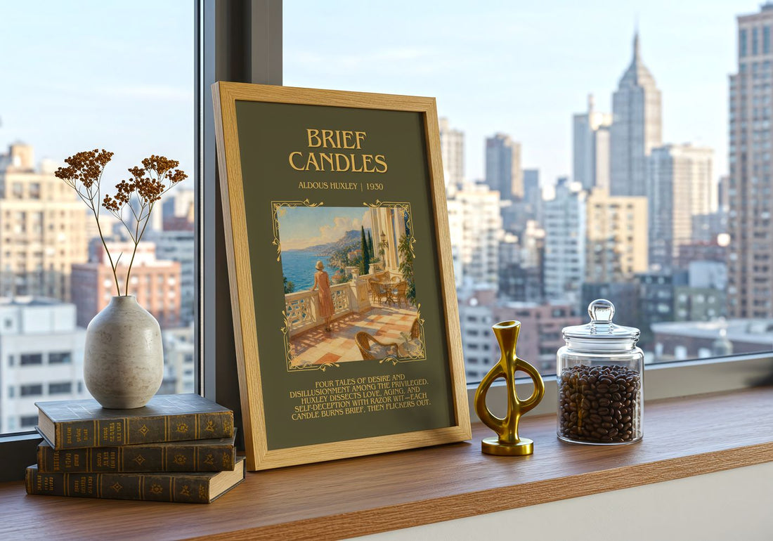 Brief Candles Minimalist Book Poster by Aldous Huxley – framed print on a city-view windowsill