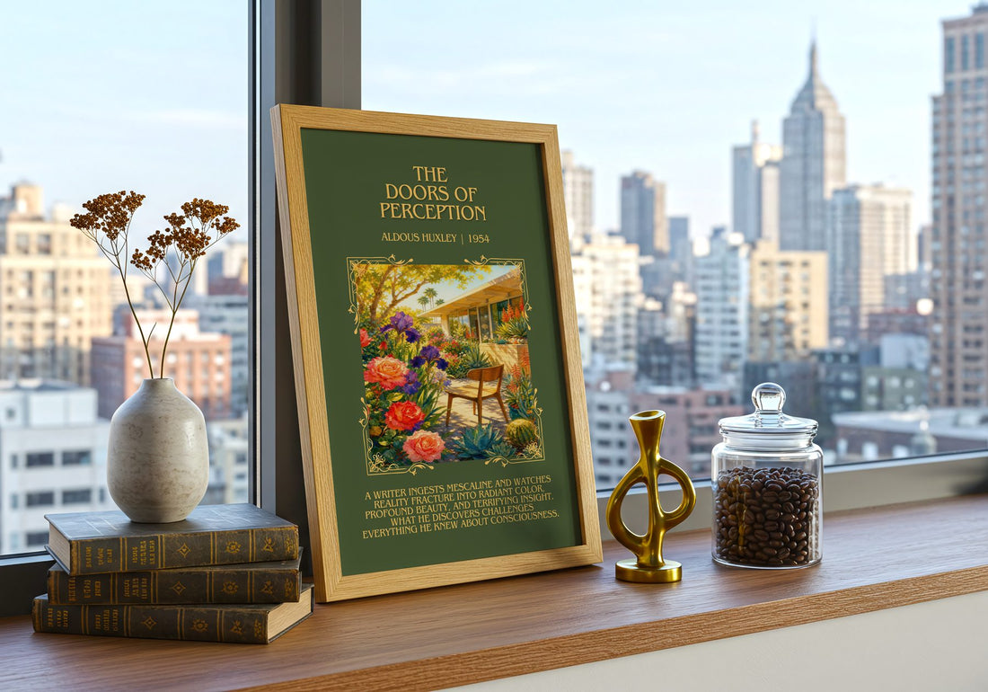 The Doors Of Perception Minimalist Book Poster by Aldous Huxley – framed print on a city-view windowsill