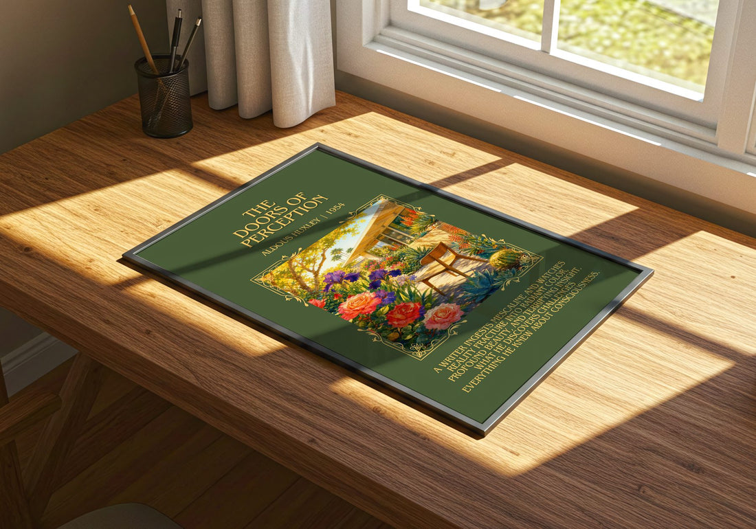 The Doors Of Perception Minimalist Book Poster by Aldous Huxley – print on a sunlit desk