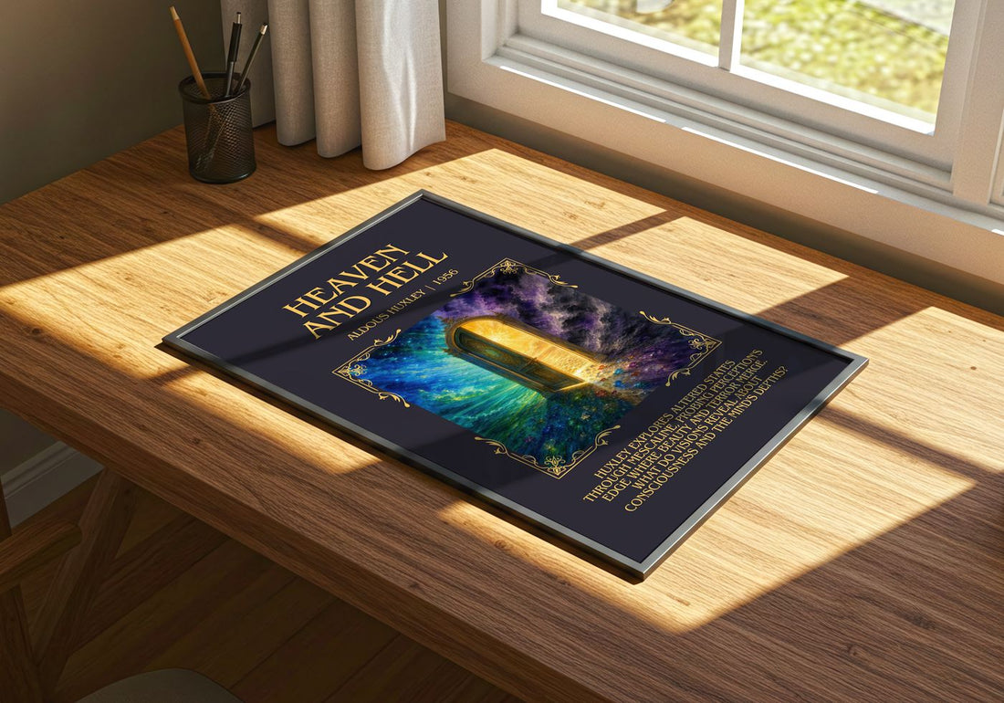 Heaven And Hell Minimalist Book Poster by Aldous Huxley – print on a sunlit desk