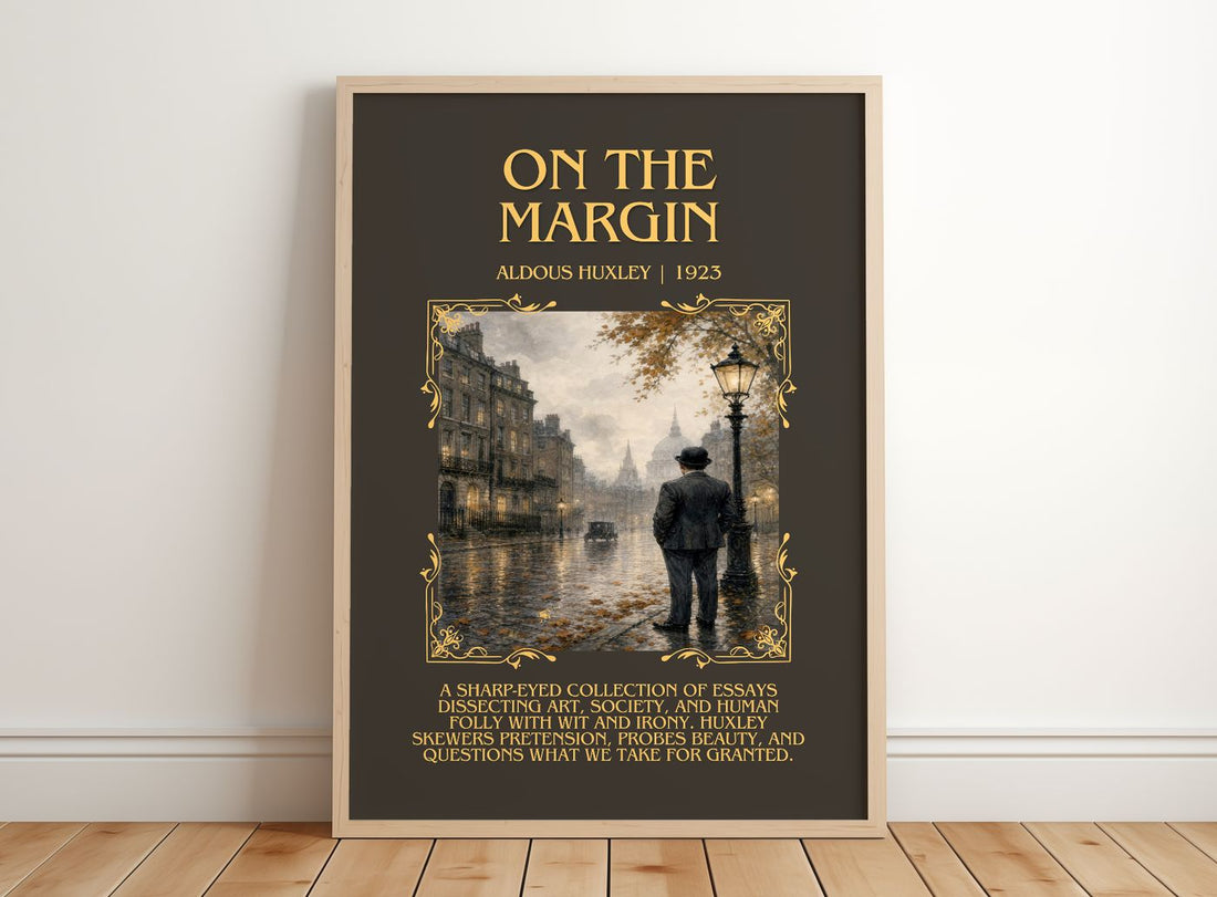 On The Margin Minimalist Book Poster by Aldous Huxley – framed print leaning on a wooden floor