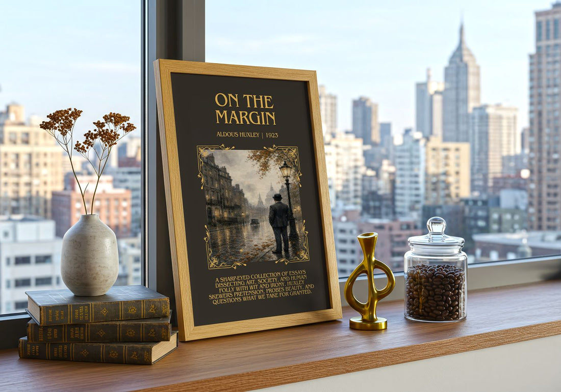 On The Margin Minimalist Book Poster by Aldous Huxley – framed print on a city-view windowsill