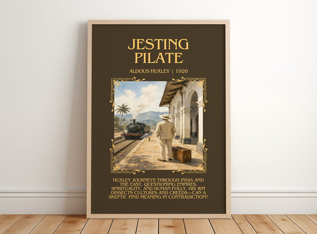 Jesting Pilate Minimalist Book Poster by Aldous Huxley – framed print leaning on a wooden floor