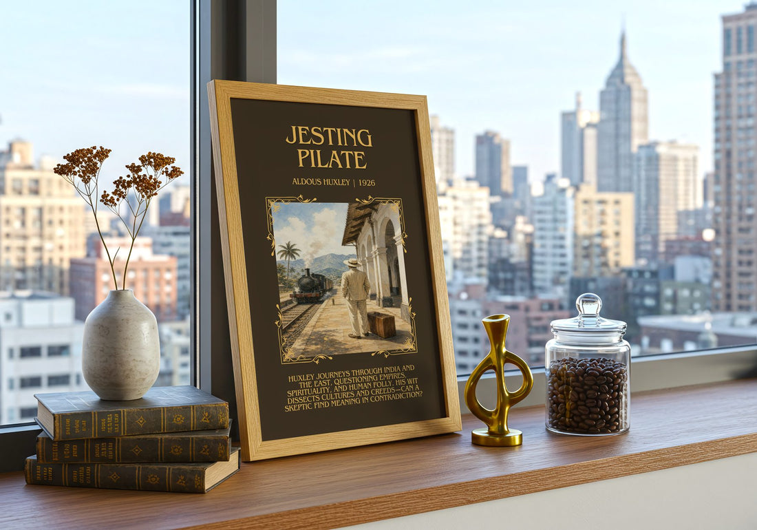 Jesting Pilate Minimalist Book Poster by Aldous Huxley – framed print on a city-view windowsill