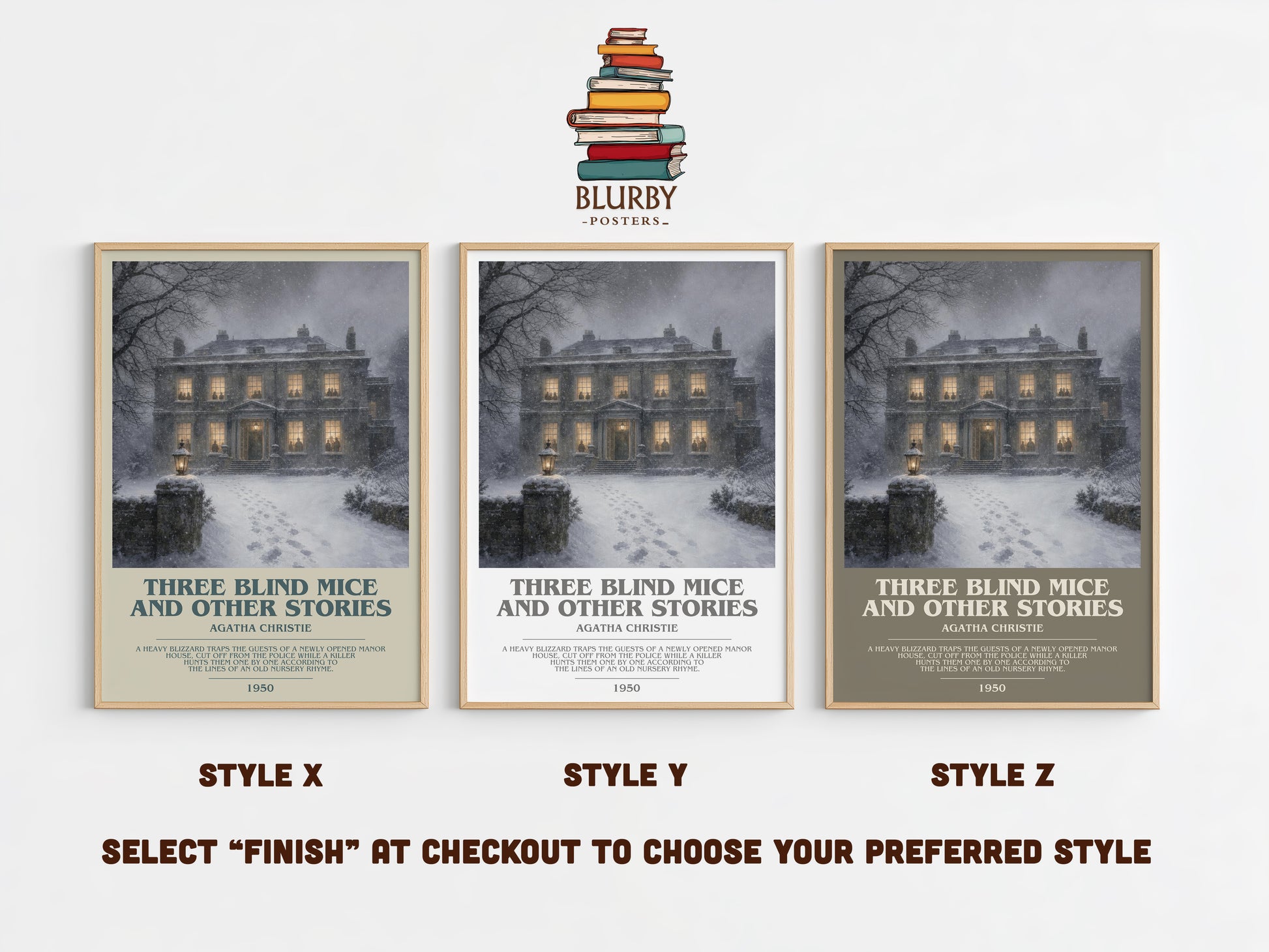 Three Blind Mice And Other Stories bookish print in frame leaning in hallway – mystery wall art