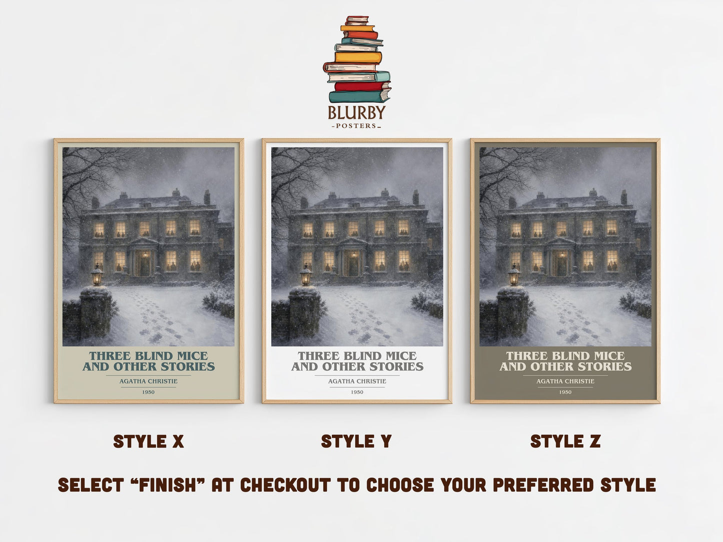 Three Blind Mice And Other Stories book cover print in frame leaning in hallway – mystery wall art