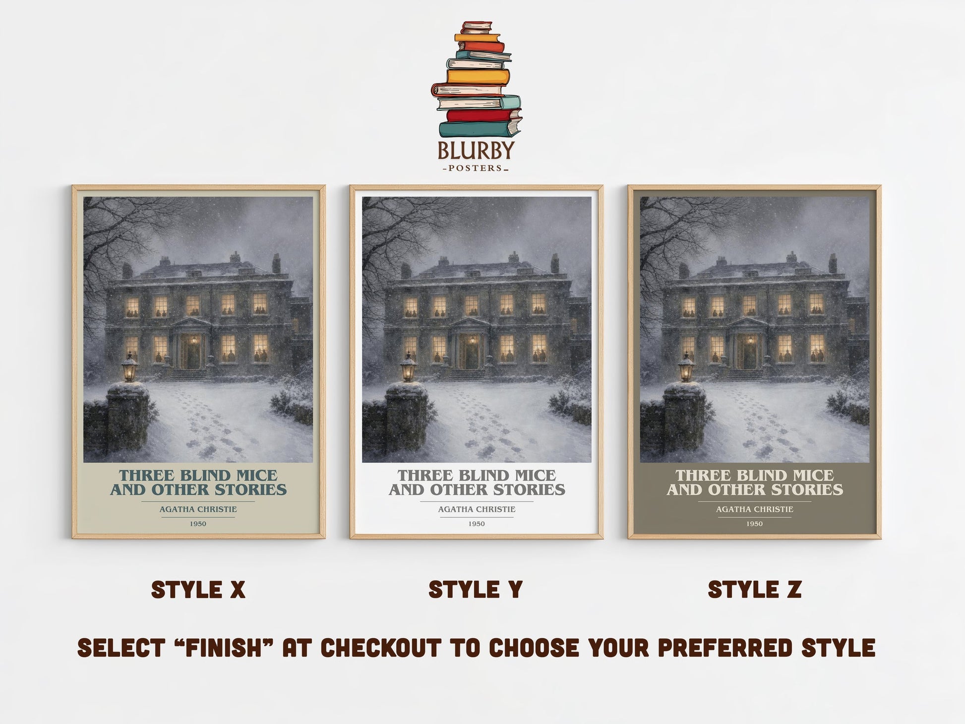 Three Blind Mice And Other Stories book cover print in frame leaning in hallway – mystery wall art
