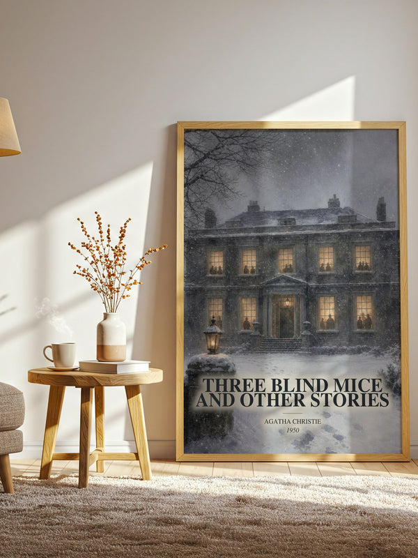 Three Blind Mice And Other Stories watercolour print in frame leaning in hallway – mystery wall art