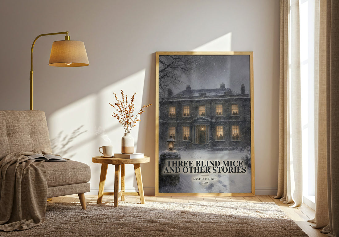 Three Blind Mice And Other Stories watercolour print in frame leaning in hallway – mystery wall art (mockup)