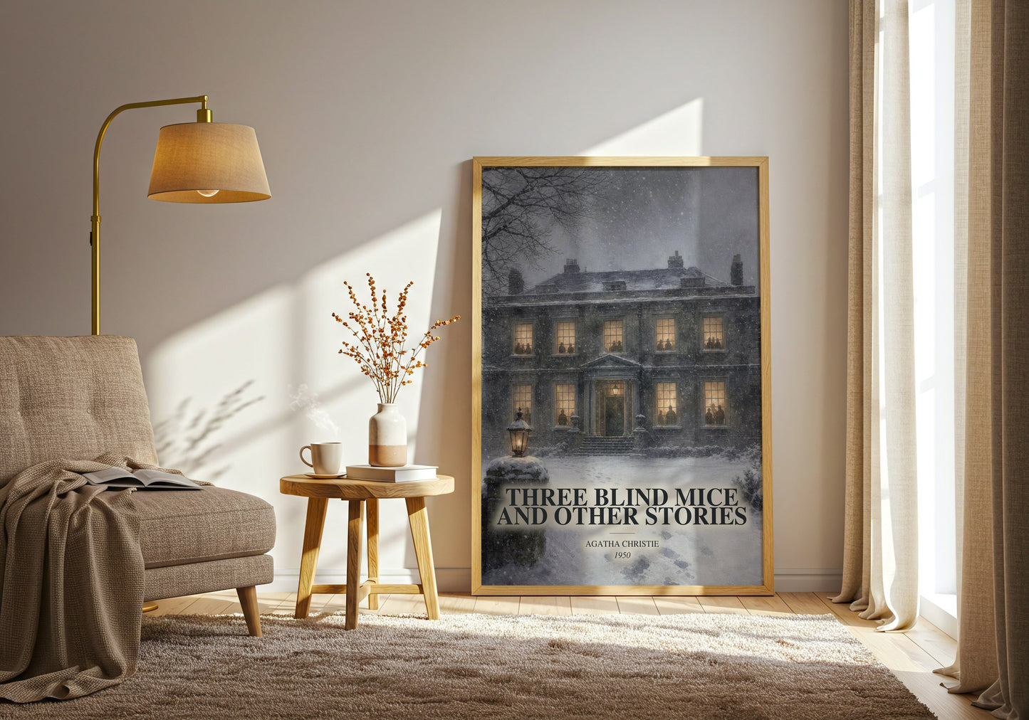 Three Blind Mice And Other Stories watercolour print in frame leaning in hallway – mystery wall art