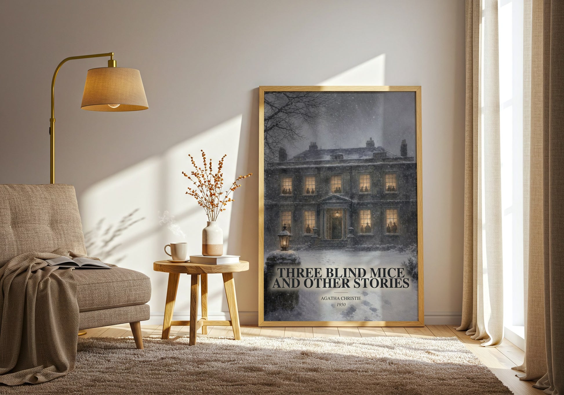 Three Blind Mice And Other Stories watercolour print in frame leaning in hallway – mystery wall art