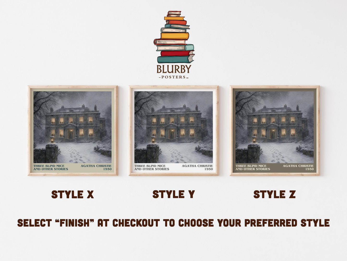 Three Blind Mice And Other Stories literary print in frame leaning in hallway – mystery wall art