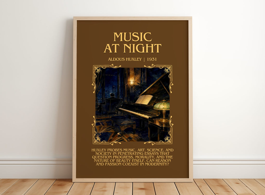 Music At Night Minimalist Book Poster by Aldous Huxley – framed print leaning on a wooden floor