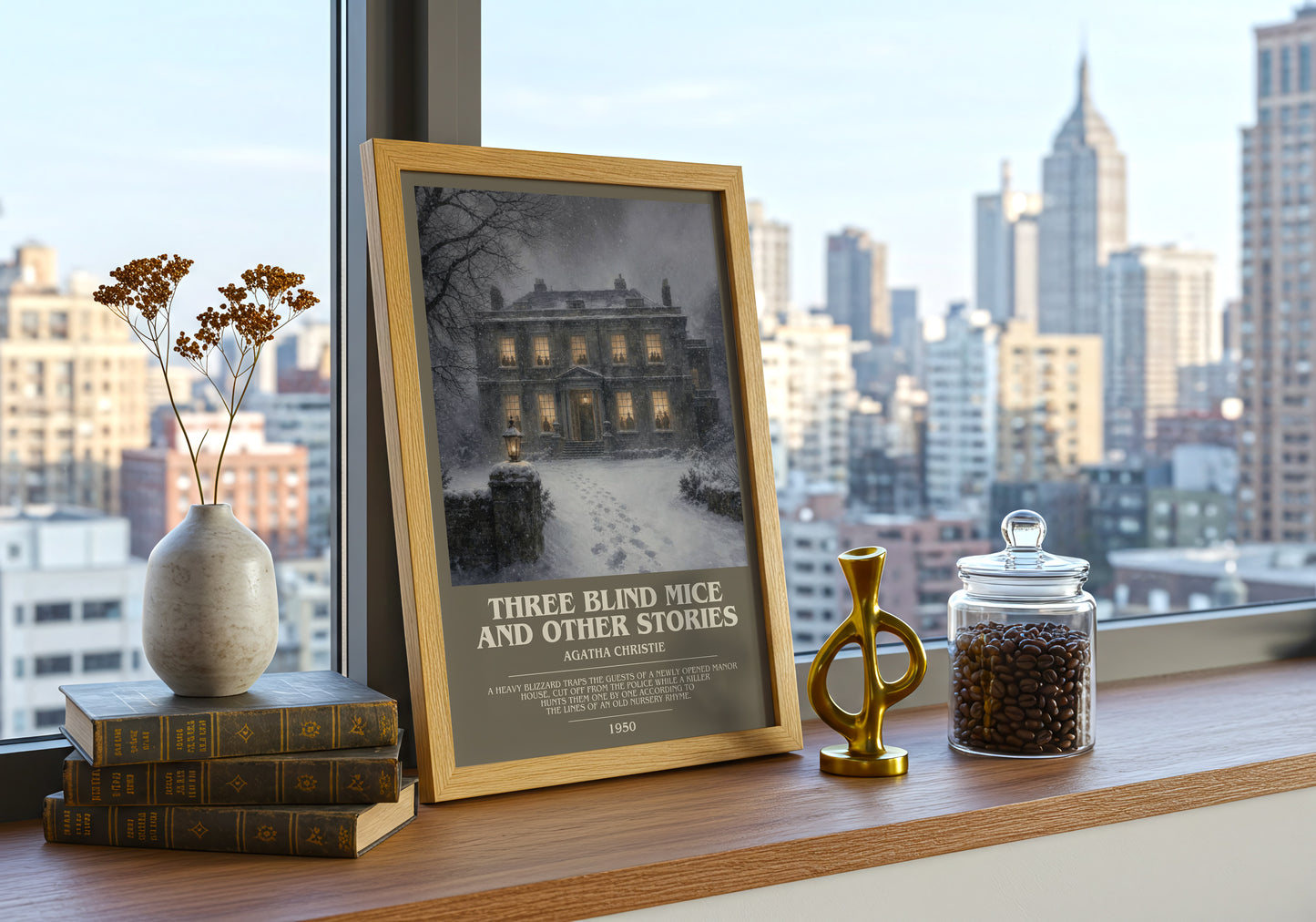 Three Blind Mice And Other Stories bookish print framed by window – literary home decor