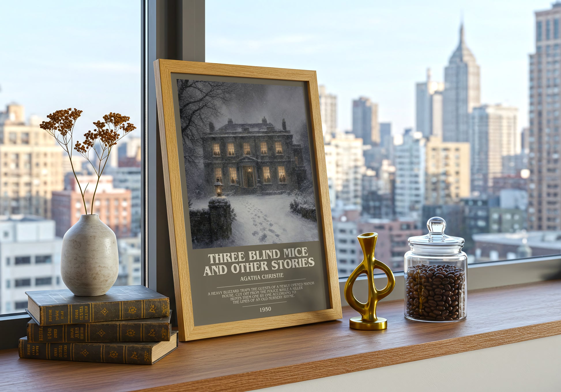 Three Blind Mice And Other Stories bookish print framed by window – literary home decor
