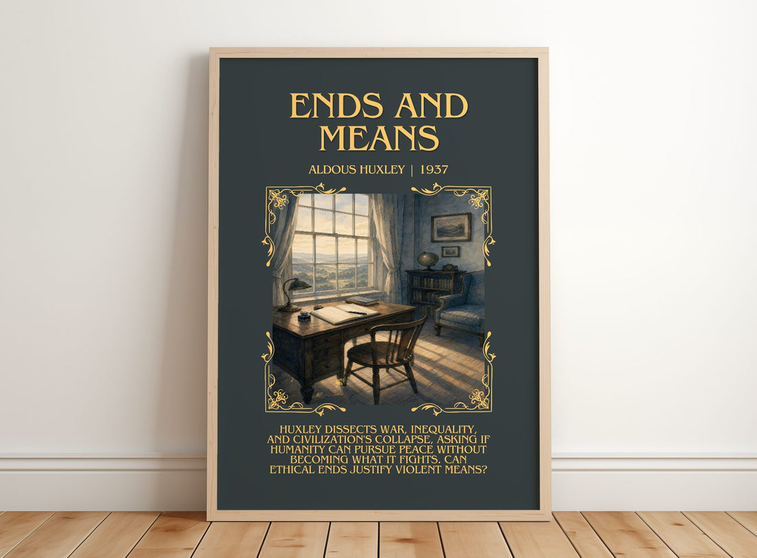 Ends And Means Minimalist Book Poster by Aldous Huxley – framed print leaning on a wooden floor