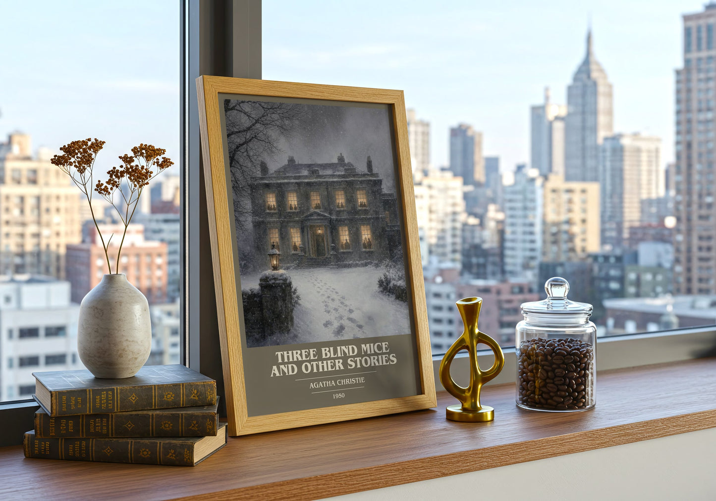 Three Blind Mice And Other Stories book cover print framed by window – literary home decor