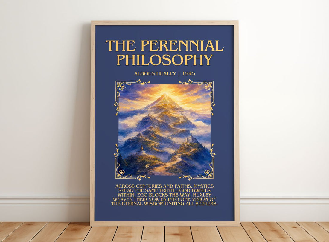 The Perennial Philosophy Minimalist Book Poster by Aldous Huxley – framed print leaning on a wooden floor