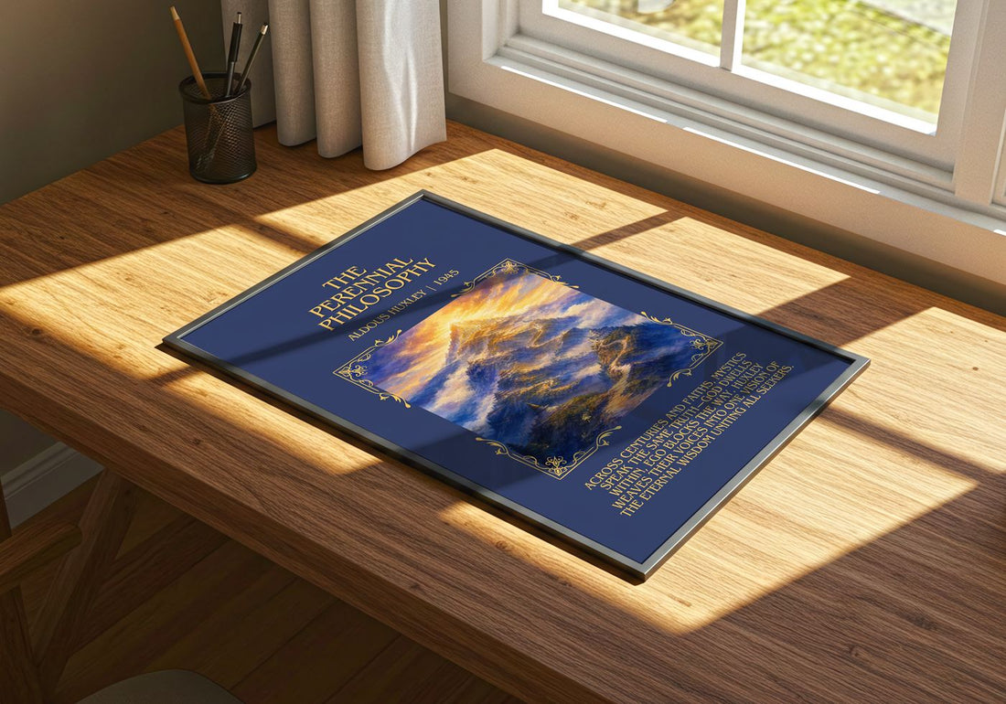 The Perennial Philosophy Minimalist Book Poster by Aldous Huxley – print on a sunlit desk