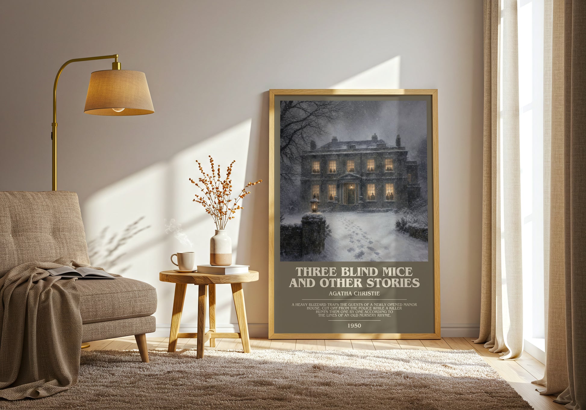 Three Blind Mice And Other Stories bookish print on bookshelf – Agatha Christie fan gift