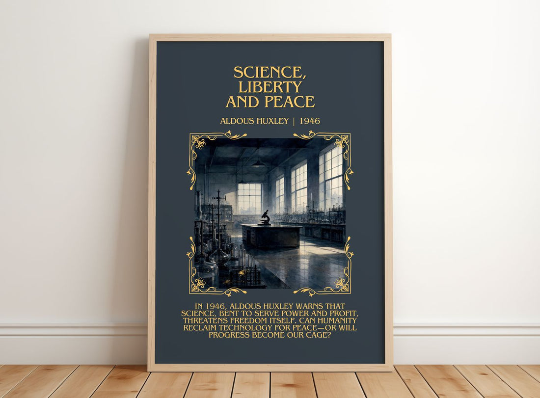 Science, Liberty And Peace Minimalist Book Poster by Aldous Huxley – framed print leaning on a wooden floor