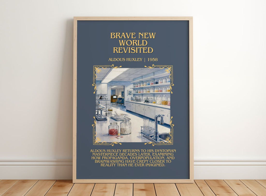 Brave New World Revisited Minimalist Book Poster by Aldous Huxley – framed print leaning on a wooden floor