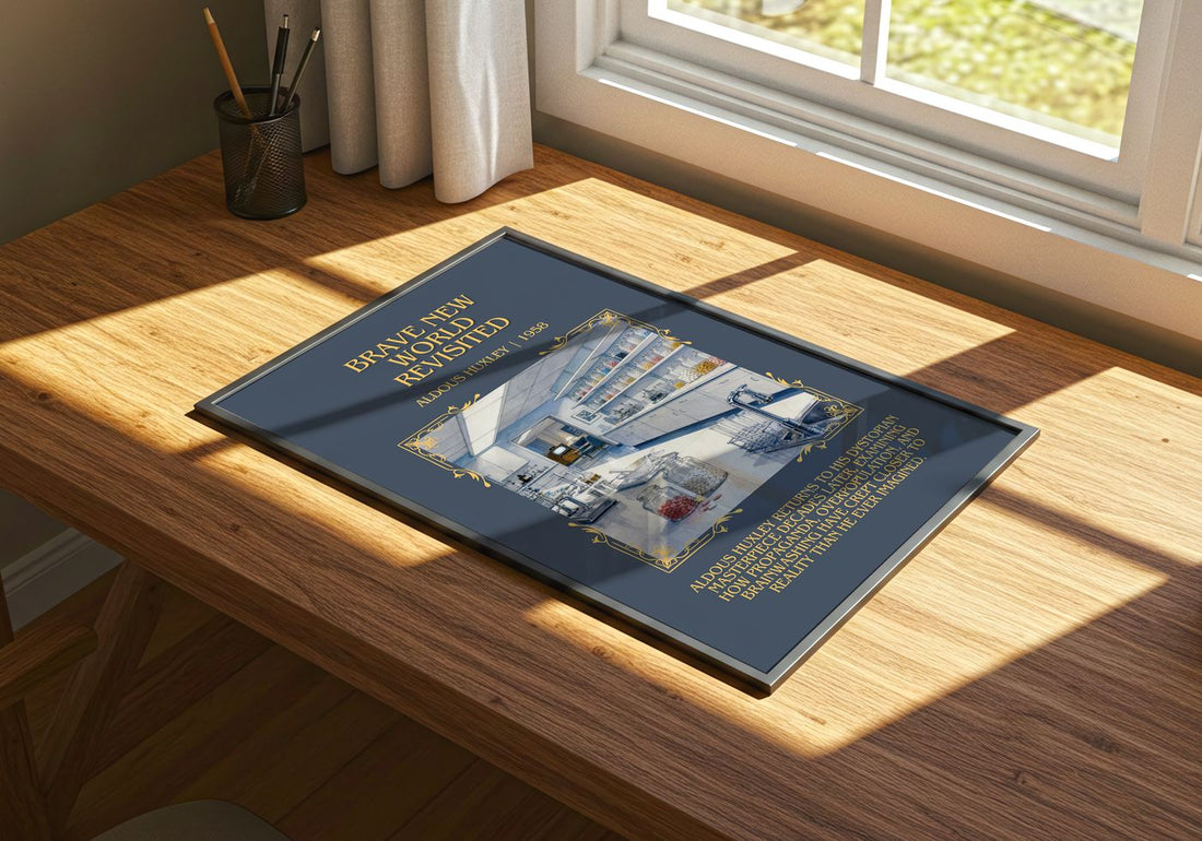 Brave New World Revisited Minimalist Book Poster by Aldous Huxley – print on a sunlit desk