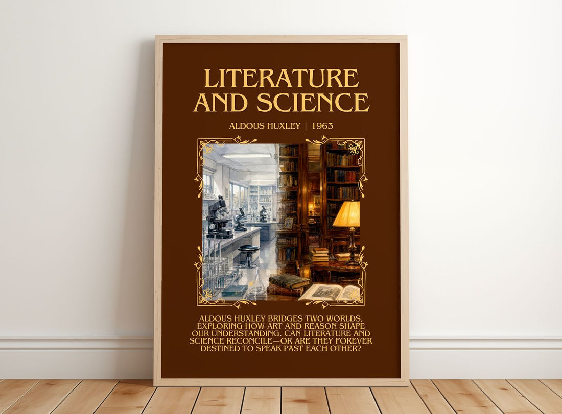 Literature And Science Minimalist Book Poster by Aldous Huxley – framed print leaning on a wooden floor