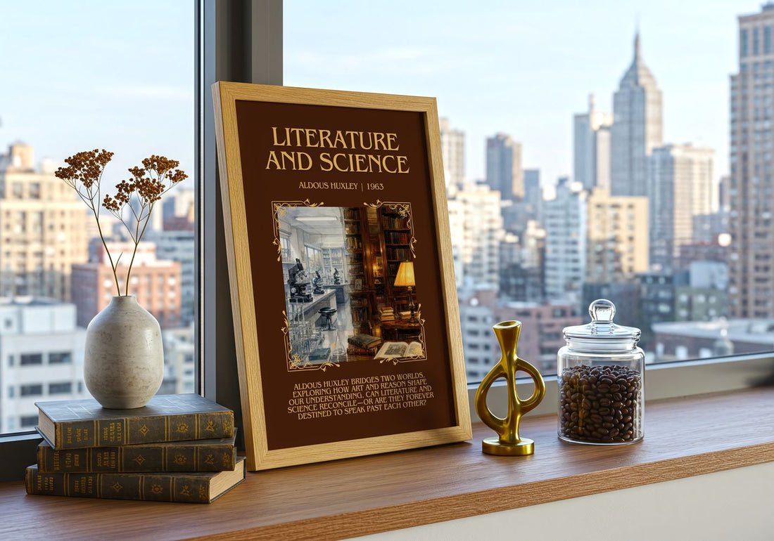 Literature And Science Minimalist Book Poster by Aldous Huxley – framed print on a city-view windowsill